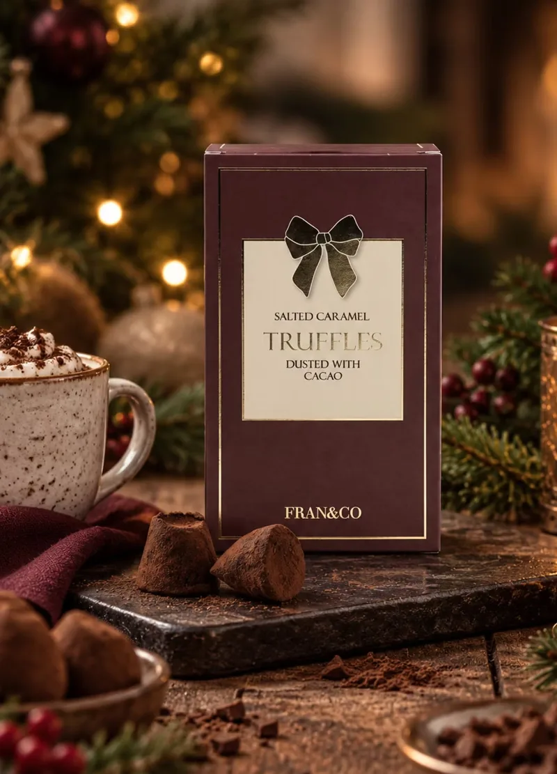 En mörkröd ask med chokladtryfflar salt karamell står på en skifferplatta bredvid en kopp varm choklad.